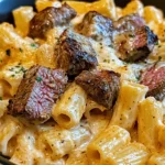 Cajun Steak Tips in Cheesy Rigatoni Parmesan Sauce