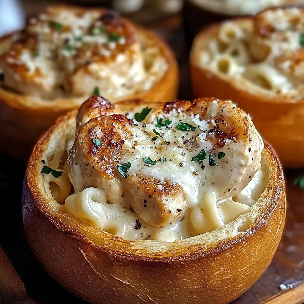Chicken Alfredo Garlic Bread Bowls