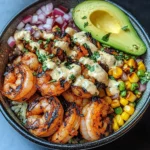 Grilled Shrimp Bowl with Avocado, Corn Salsa & Creamy Garlic Sauce
