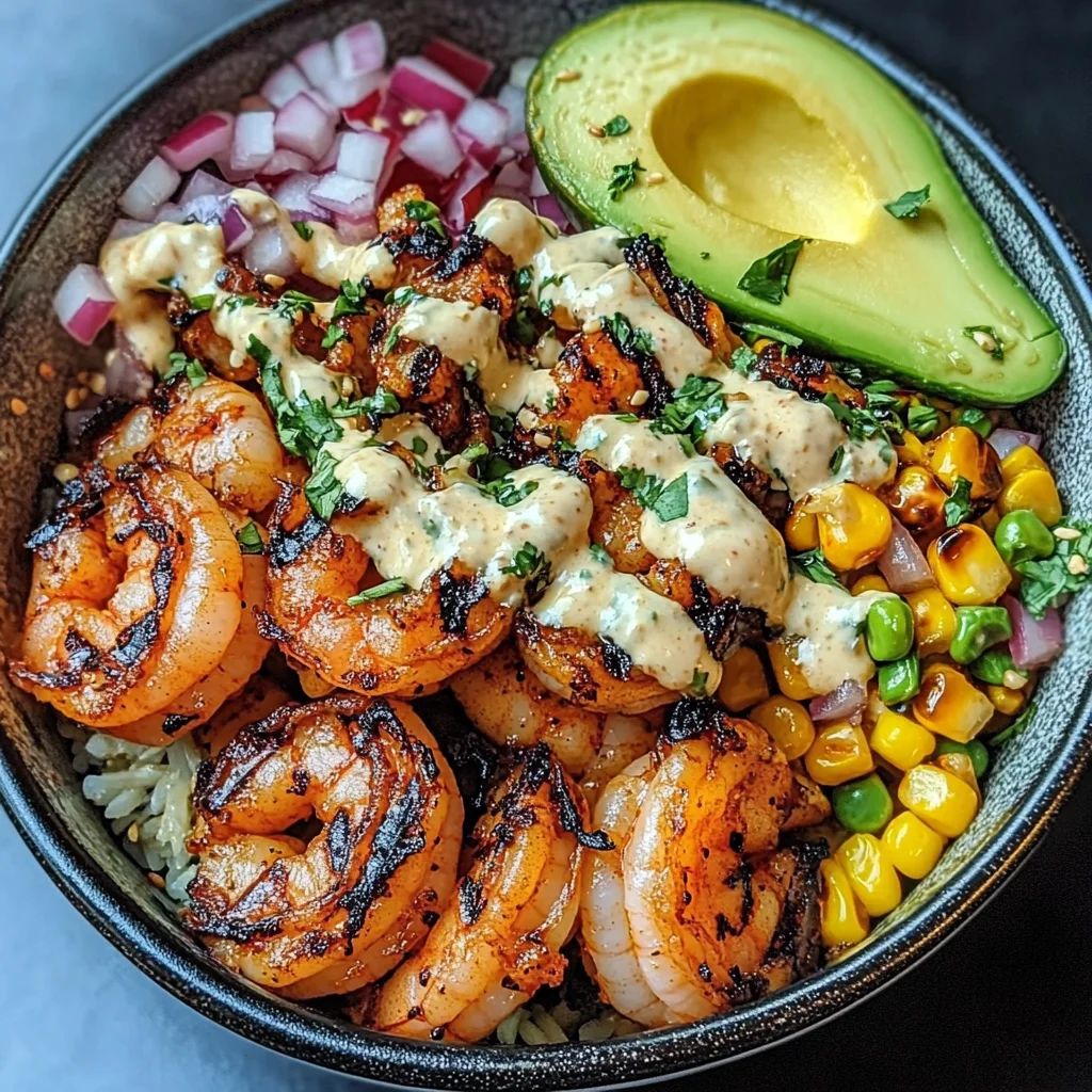 Grilled Shrimp Bowl with Avocado, Corn Salsa & Creamy Garlic Sauce