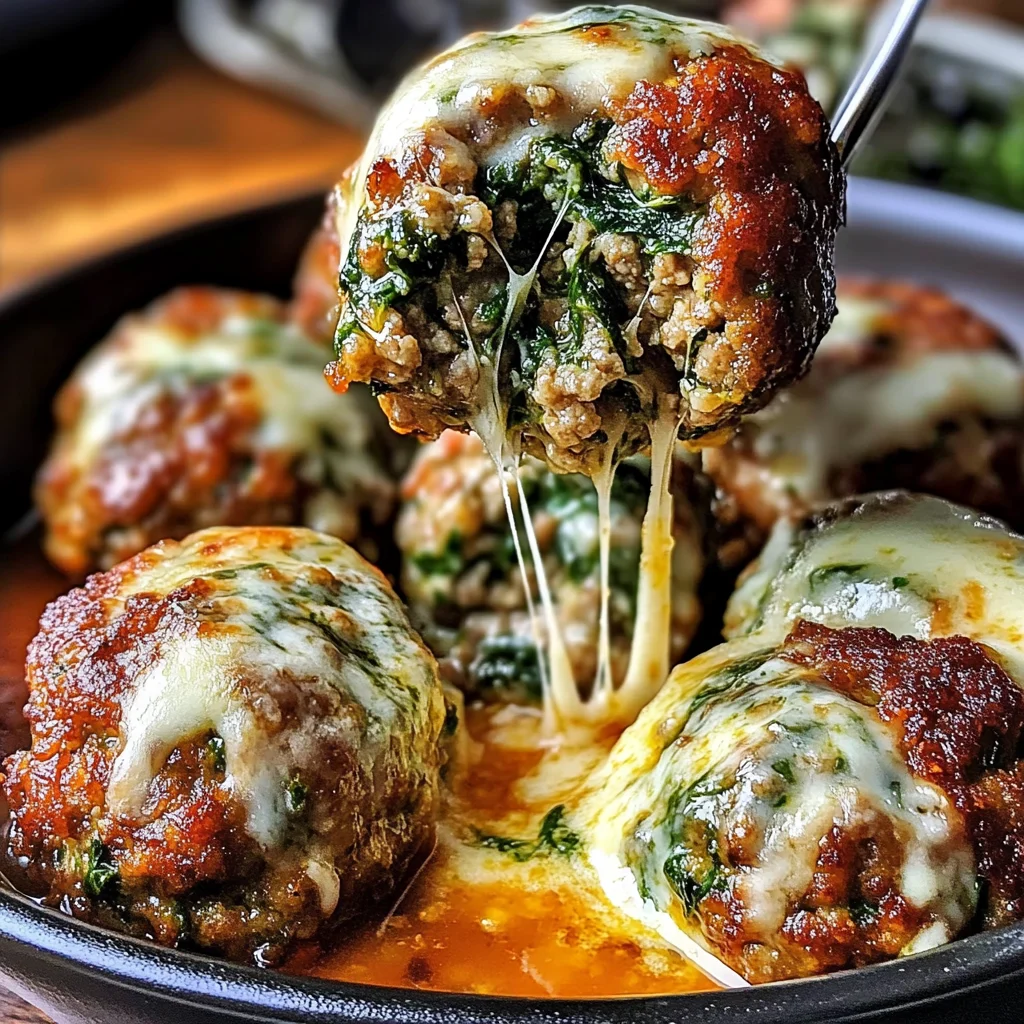 Spinach Garlic Meatballs Stuffed with Mozzarella