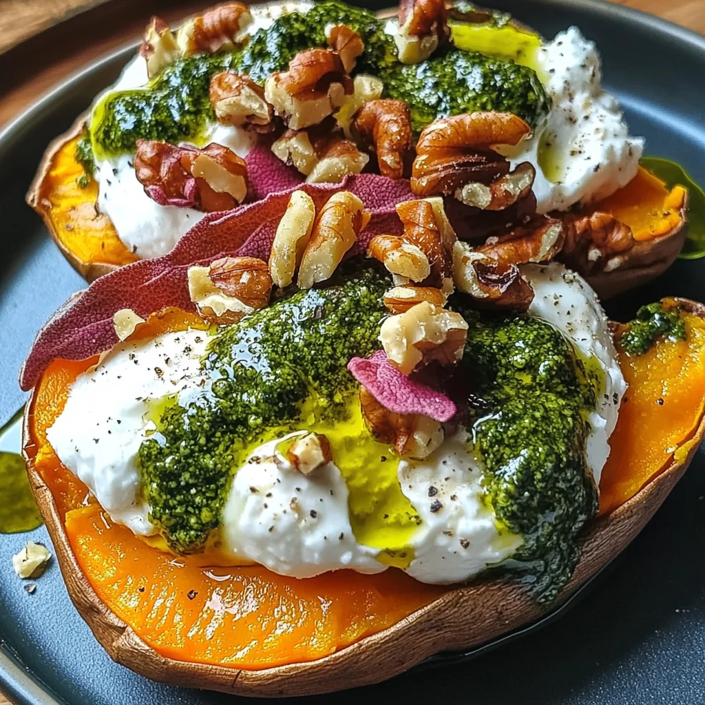 Stuffed Sweet Potatoes with Burrata, Toasted Walnuts & Sage Pesto